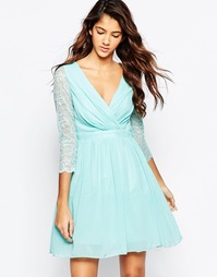 Короткое приталенное платье с кружевными рукавами Laced In Love - Aqua