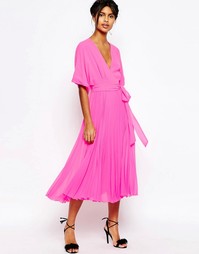Плиссированное платье миди с запахом в стиле кимоно ASOS - Розовый