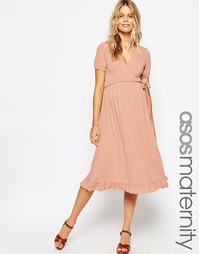 Чайное платье миди для беременных с запахом ASOS Maternity - Розовый