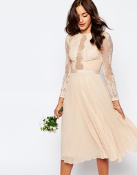 Плиссированное платье миди с кружевом с ресничками ASOS WEDDING