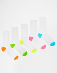 Комплект из 5 пар белых носков с неоновой отделкой на пальцах и пятке Asos