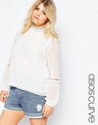 Блузка с высокой горловиной и кружевными вставками ASOS CURVE - Белый