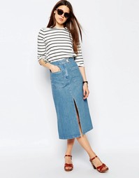 Джинсовая юбка миди с накладными карманами ASOS - Выбеленный голубой