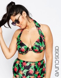 Бикини-топ с глубоким вырезом и принтом ASOS CURVE - Темный с лотосами