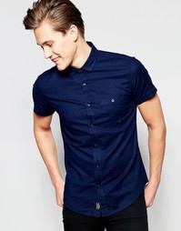 Рубашка из хлопка и льна с короткими рукавами Threadbare - Темно-синий