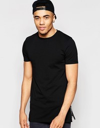 Черная длинная облегающая футболка с разрезами по бокам ASOS - Черный