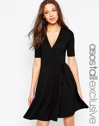 Чайное платье с запахом и короткими рукавами ASOS TALL - Черный