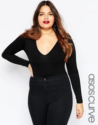 Боди с V-образным вырезом и длинными рукавами ASOS CURVE - Черный