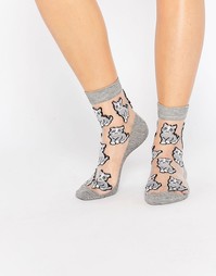 Полупрозрачные носки по щиколотку с принтом кошки ASOS - Серый