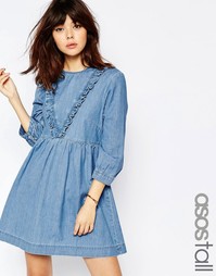 Синее джинсовое платье с присборенной юбкой и оборкой ASOS TALL