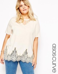 Удлиненная футболка с кружевной отделкой ASOS CURVE - Телесный