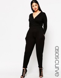 Комбинезон с запахом и длинными рукавами ASOS CURVE - Черный