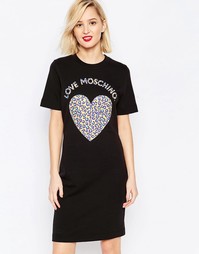 Черное платье с сердцем леопардовой расцветки Love Moschino - Черный