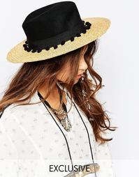 Соломенная шляпа с контрастным черным верхом и помпонами Catarzi