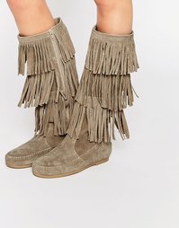 Высокие кожаные саппоги с бахромой ASOS CATCH UP - Песок