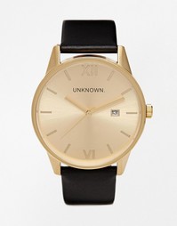 Часы с черным кожаным ремешком и золотистым циферблатом UNKNOWN