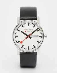 Часы с датой и черным кожаным ремешком Mondaine 38 мм - Черный