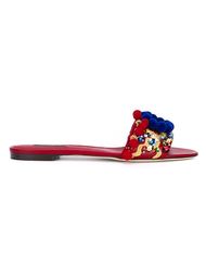 Pompom Embellished Leather Slides Dolce &amp;amp; Gabbana