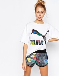 Удлиненная оversize-футболка с разноцветным логотипом Puma - Белый