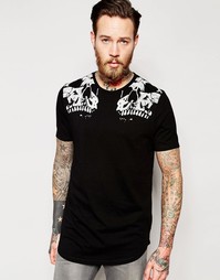 Длинная футболка с принтом черепов и закругленной кромкой ASOS