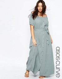 Платье макси с открытыми плечами и завязкой на талии ASOS CURVE