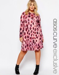 Свободное платье с длинными рукавами и цветочным принтом ASOS CURVE