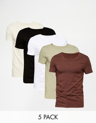 Комплект из 5 футболок слим с овальным вырезом ASOS, скидка 20%