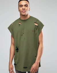 Зеленая рваная oversize‑футболка с овальным вырезом ASOS