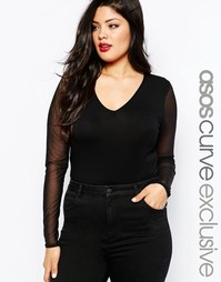 Боди с глубоким вырезом и рукавами из сеточки ASOS CURVE - Черный