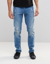 Синие выбеленные узкие джинсы стретч с потертостями ASOS