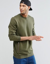 Удлиненный свитшот цвета хаки с карманами на молниях ASOS - Хаки