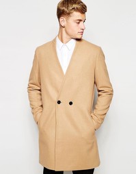 Бежевое двубортное пальто без воротника ASOS - Кэмел