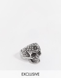 Серебристое кольцо с черепом и цветами Reclaimed Vintage - Серебряный