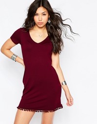 Платье-футболка с помпонами по кромке ASOS - Темно-бордовый