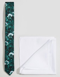 Свадебный галстук с цветочным принтом и белый платок для пиджака ASOS