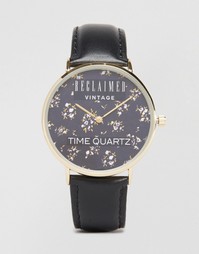 Часы с цветочным принтом и черным кожаным ремешком Reclaimed Vintage