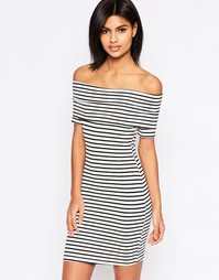 Платье мини в полоску с широким вырезом и короткими рукавами ASOS