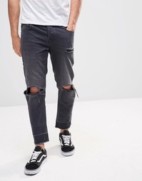 Укороченные джинсы слим с рваными коленками ASOS - Выбеленный черный