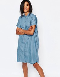 Джинсовое платье-рубашка без воротника Vila - Умеренно-синий деним