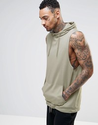 Длинная oversize-футболка без рукавов с капюшоном ASOS - Бежевый