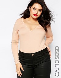 Боди с V-образным вырезом и длинными рукавами ASOS CURVE - Розовый