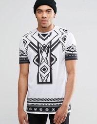 Удлиненная белая футболка с монохромным ацтекским принтом ASOS - Белый