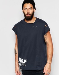 Рваная oversize-футболка с принтом ASOS - Выбеленный черный