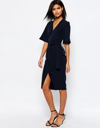 Однотонное платье с запахом и V-образным вырезом ASOS - Темно-синий