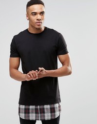 Черная супердлинная футболка с клетчатой вставкой по низу ASOS