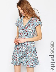 Чайное платье с рюшами и винтажным цветочным принтом ASOS PETITE