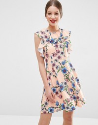 Короткое приталенное платье с оборками и цветочным принтом ASOS