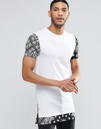 Белая удлиненная футболка с платочным принтом на рукавах ASOS - Белый