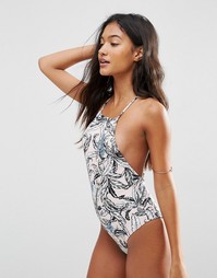 Слитный купальник халтер с пальмовым принтом ASOS Romantic