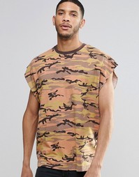Бежевая винтажная оversize-футболка без рукавов с камуфляжным принтом Asos